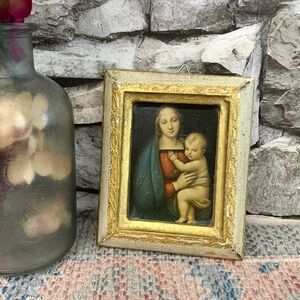 #04 Vtg Italian Florentine Madonna Child Florentia Gilt Wood Travel Icon Plaque